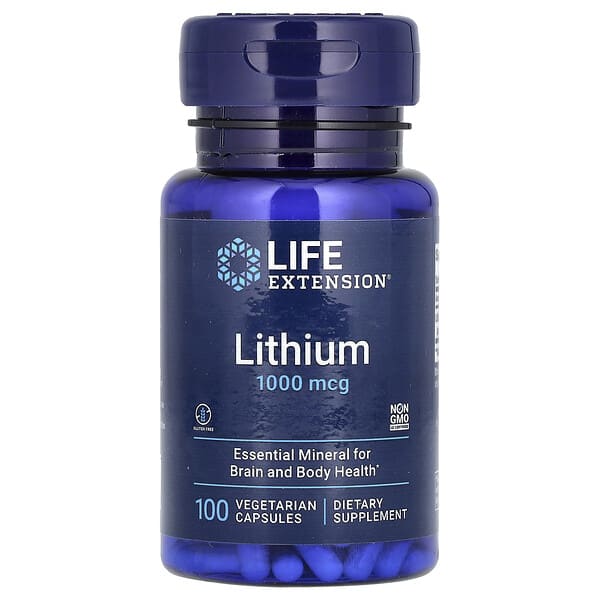 Life Extension Lithium is a dietary supplement containing 1000 mcg of lithium, supporting brain function, stable mood, and cognitive health. It promotes overall well-being and mental stability.